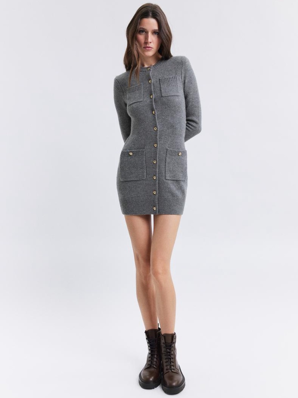 Zara gray gold button longline knit cardigan sweater dress size Small ❤️